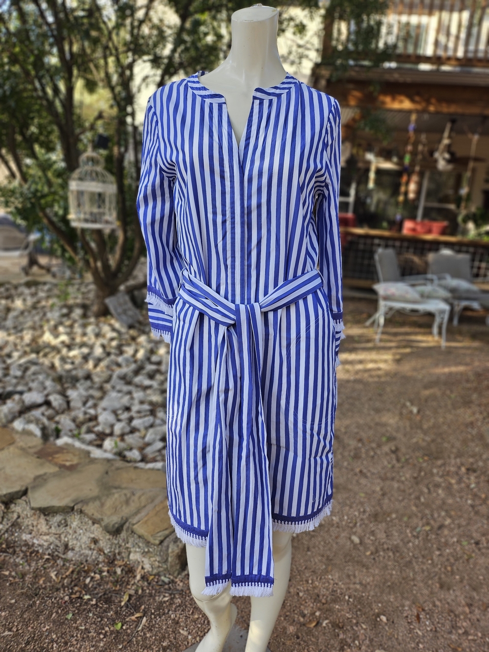 J. Crew Fringed Blue and White Striped Midi Dress with Waist Tie Belt 2